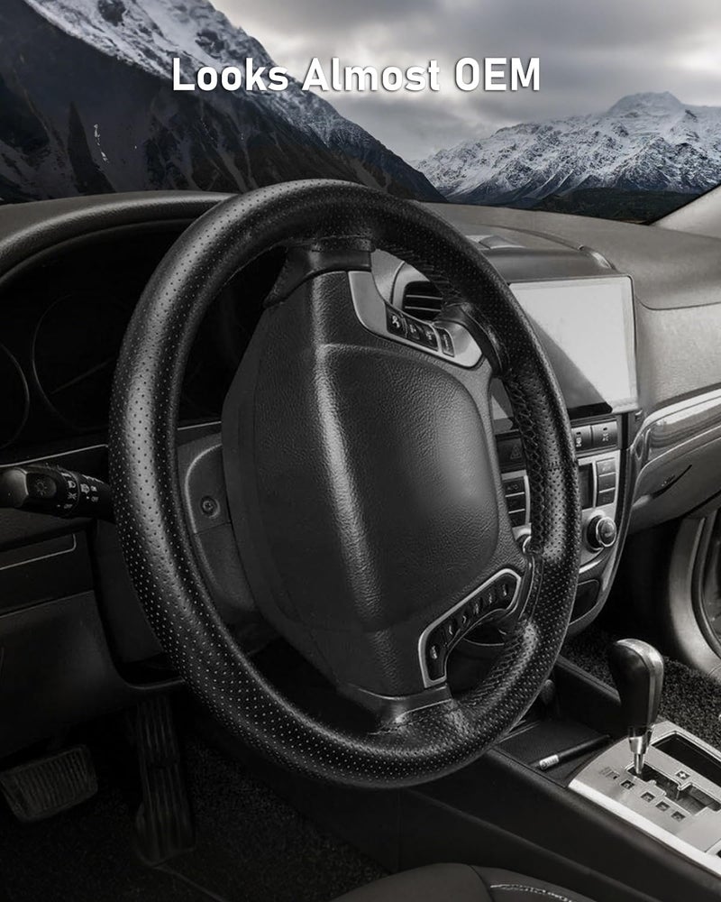 BELINOUS Universal Leather Car Steering Wheel Cover, Stitch On Wrap (Size M5, Black) - Image 5